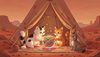 two fluffy cat friends (white with black spots and orange) playing with a bright magical yarn ball inside a co