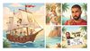 children's book illustration collage, panel 1: odyssey on pirate ship holding microphone, panel 2: colobok hol