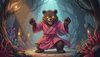 dark magic bear in pink robe, yellow glowing eyes, evil wizard, underwater dark cave background, anime villain