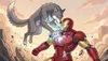 anime style 2D dramatic, a majestic grey wolf leaping onto the damaged Iron Man suit and seizing the glowing b