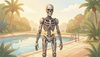 terminator cyborg, metal mechanical body with human face and muscles, standing near a swimming pool, detailed,