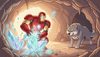 anime style 2D dramatic, Iron Man stealing glowing crystals from a cave while a furious grey wolf watches help
