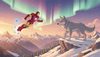 anime style 2D dramatic, Iron Man flying away sadly without crystals while the victorious grey wolf stands pro