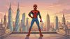 childhood book illustration: The Amazing Spider-Man in red and blue suit standing on a rooftop overlooking Mos