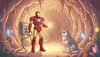 anime style, Iron Man recharging his suit inside a magical glowing cave with friendly grey wolf sitting nearby