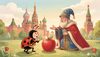 Леди-Баг и мудрый волшебник Мадара спорят на фоне Кремля и красного яблока, яркий детский книжный стиль