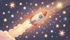 космическая ракета летит сквозь пространство, вокруг много ярких разноцветных звёзд и искр, детский книжный ст