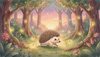 A cute hedgehog walking through a glowing magical forest garden at twilight, fireflies around, watercolour sty