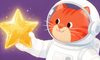 Смешной рыжий кот-космонавт в белом скафандре держит сияющую золотую звезду на фоне фиолетового космоса, детск