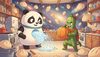 cosmic kitchen arena with floating dumplings everywhere, a panda-shaped refrigerator robot shooting ice pellet
