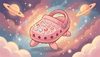 cute pink clog shoe character with shiny rhinestones/sparkles on top, heroic pose, cosmic background, children