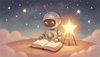 small silver robot sitting with an open book and a glowing star next to it, under a sky full of stars, warm an