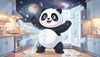 panda refrigerator robot shooting ice pellets from its belly, frozen dumplings flying around, victorious pose,