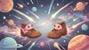 cosmic space scene with shooting stars, colorful planets, space battle between cute pink and rusty croc shoe c