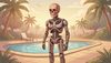 terminator cyborg, metal mechanical body with human skin face, very mechanical robot body, standing near swimm