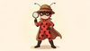 ladybug superheroine from the cartoon series, red suit with black spots, mask, detective style, holding a magn