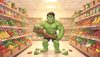 green Hulk character inside a supermarket, standing among vegetable shelves looking hungry and confused, child
